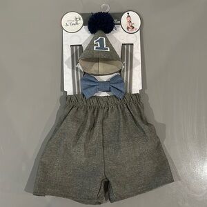 Gray Baby Outfit with Blue Bow Tie and Hat